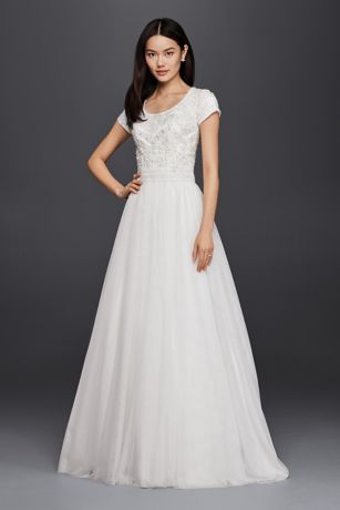 modest dress short sleeve dresses line petite bridal david bodice beaded sleeves gowns davidsbridal formal conservative davids